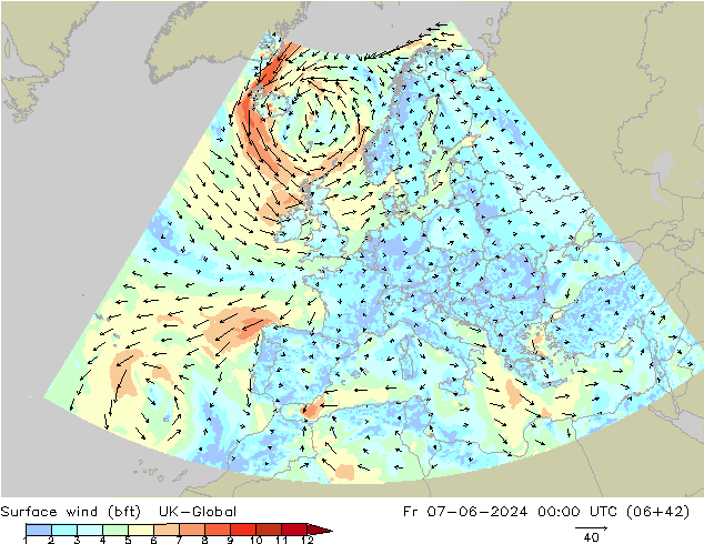 Surface wind (bft) UK-Global Fr 07.06.2024 00 UTC