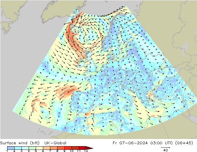Surface wind (bft) UK-Global Fr 07.06.2024 03 UTC