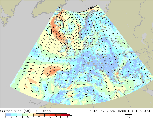 Viento 10 m (bft) UK-Global vie 07.06.2024 06 UTC