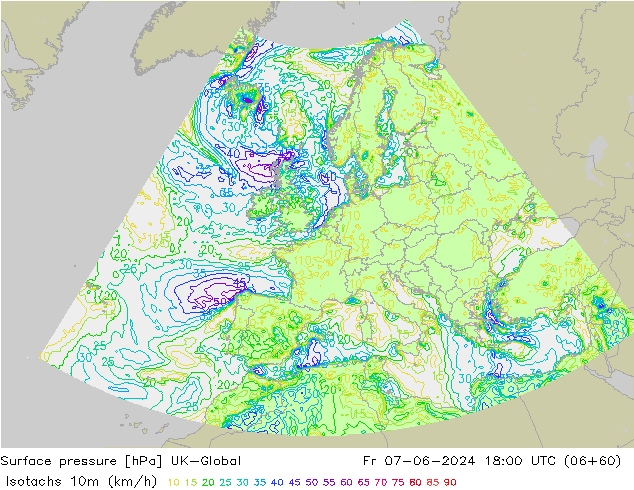 Isotachs (kph) UK-Global Fr 07.06.2024 18 UTC