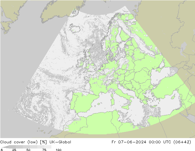 Bewolking (Laag) UK-Global vr 07.06.2024 00 UTC