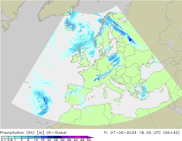 Precipitation (6h) UK-Global Fr 07.06.2024 00 UTC