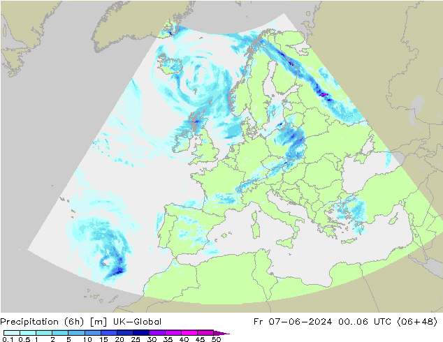 Precipitation (6h) UK-Global Fr 07.06.2024 06 UTC