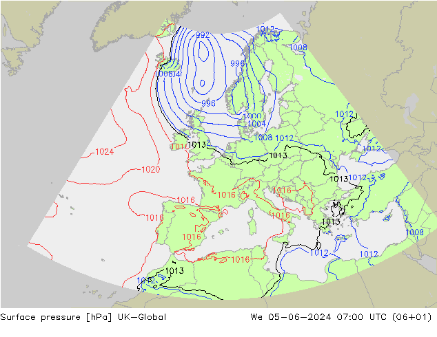 Pressione al suolo UK-Global mer 05.06.2024 07 UTC