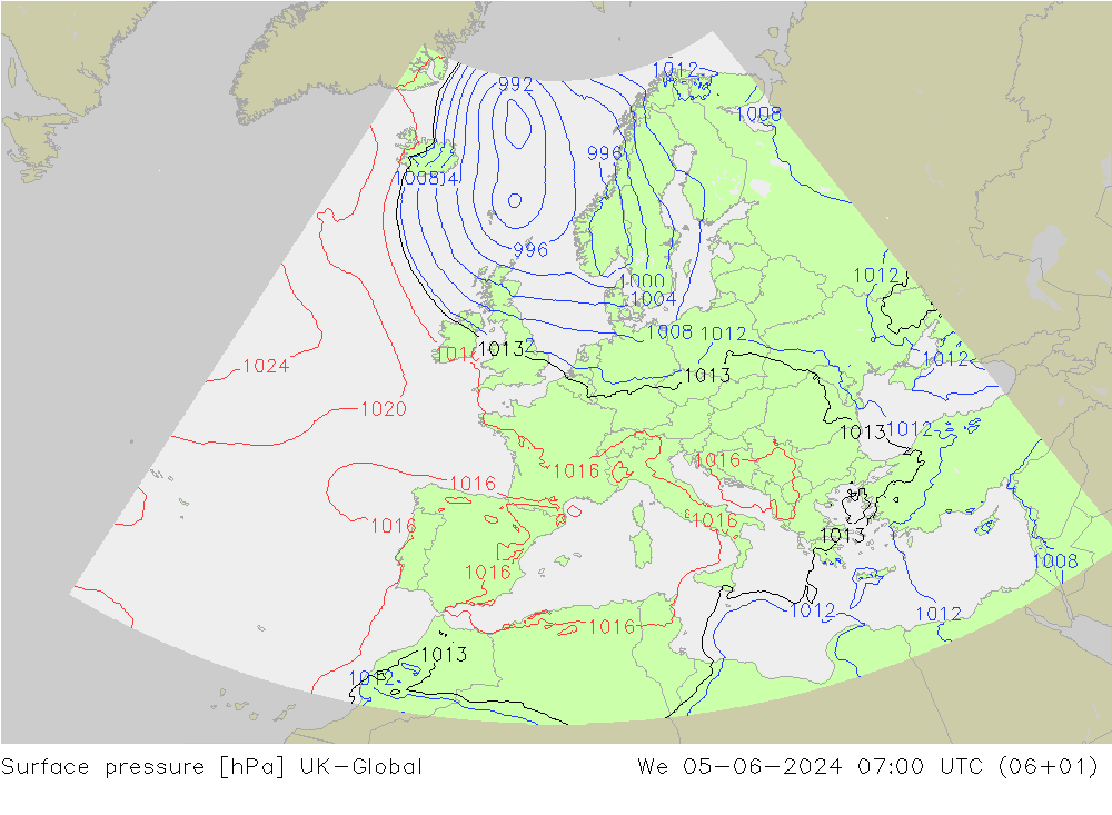 Surface pressure UK-Global We 05.06.2024 07 UTC