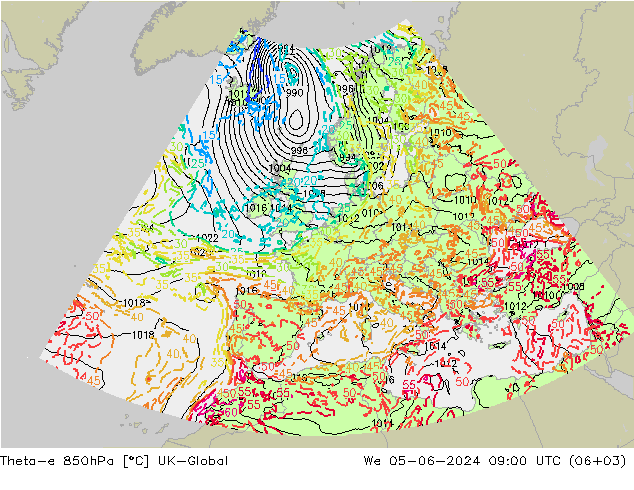 Theta-e 850hPa UK-Global We 05.06.2024 09 UTC
