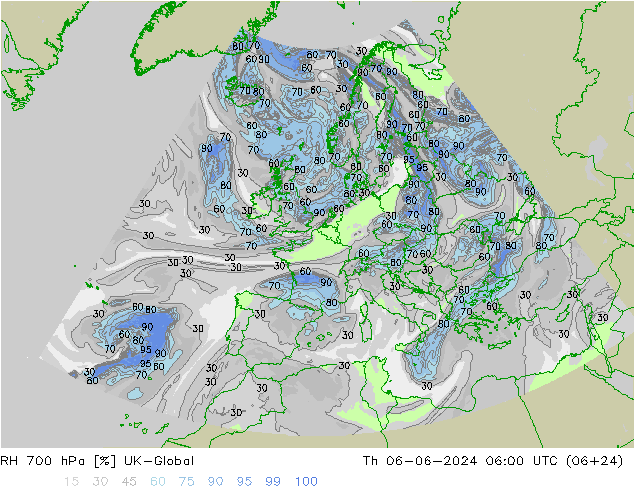 RH 700 hPa UK-Global Th 06.06.2024 06 UTC