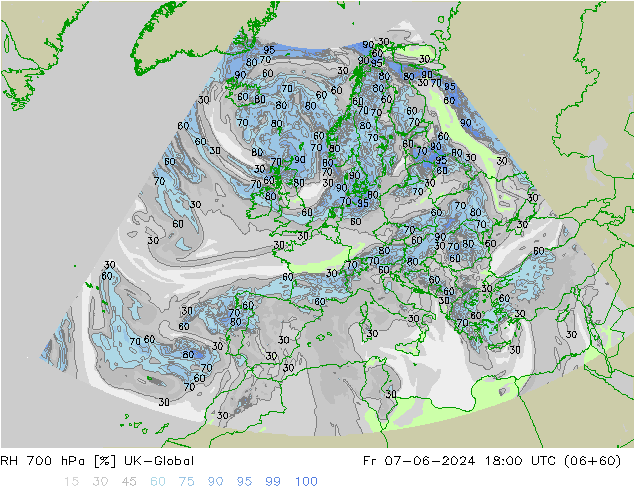 Humidité rel. 700 hPa UK-Global ven 07.06.2024 18 UTC