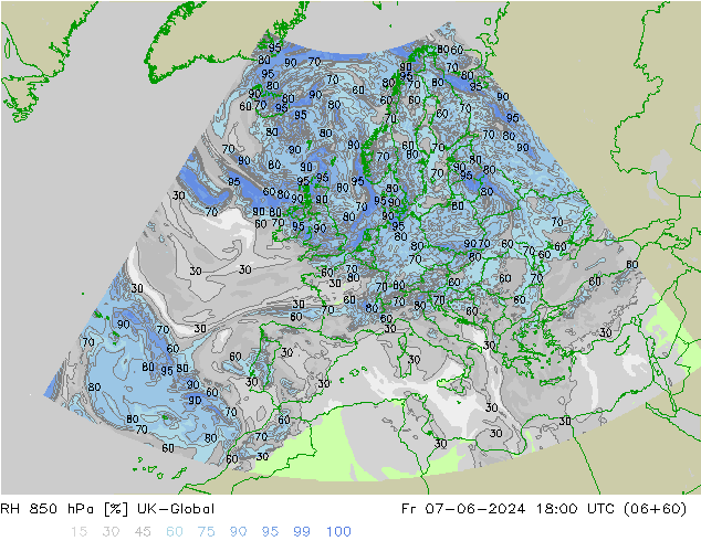 Humidité rel. 850 hPa UK-Global ven 07.06.2024 18 UTC