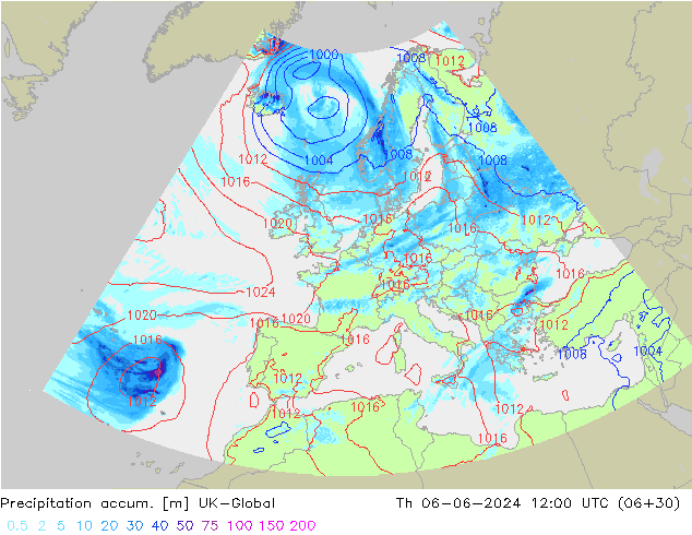 Precipitación acum. UK-Global jue 06.06.2024 12 UTC