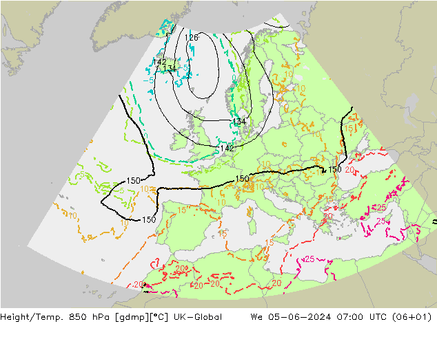 Height/Temp. 850 hPa UK-Global We 05.06.2024 07 UTC