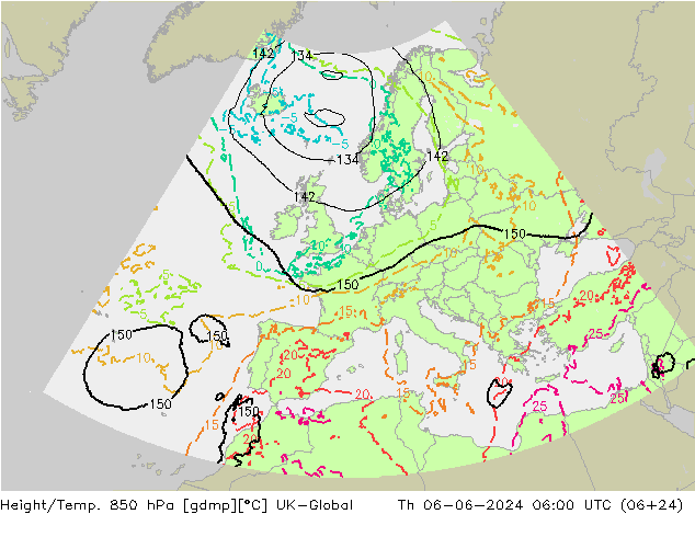 Height/Temp. 850 hPa UK-Global Th 06.06.2024 06 UTC