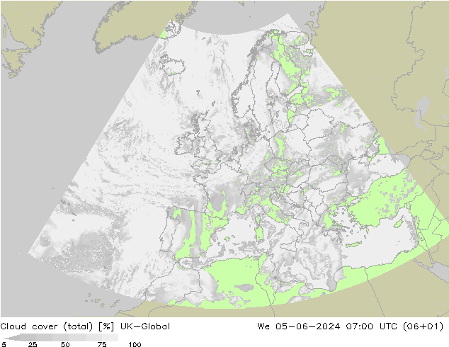 Nuages (total) UK-Global mer 05.06.2024 07 UTC