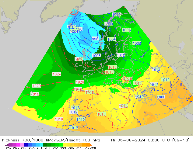 Thck 700-1000 hPa UK-Global gio 06.06.2024 00 UTC