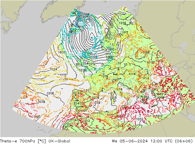 Theta-e 700hPa UK-Global wo 05.06.2024 12 UTC