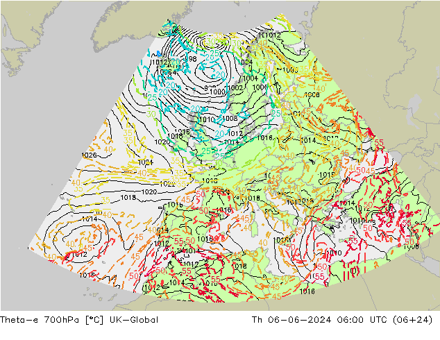 Theta-e 700hPa UK-Global Th 06.06.2024 06 UTC