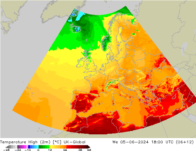 Temperature High (2m) UK-Global We 05.06.2024 18 UTC