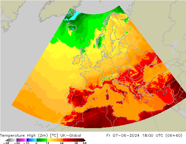 Temperature High (2m) UK-Global Fr 07.06.2024 18 UTC