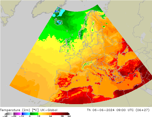 Temperatura (2m) UK-Global Qui 06.06.2024 09 UTC