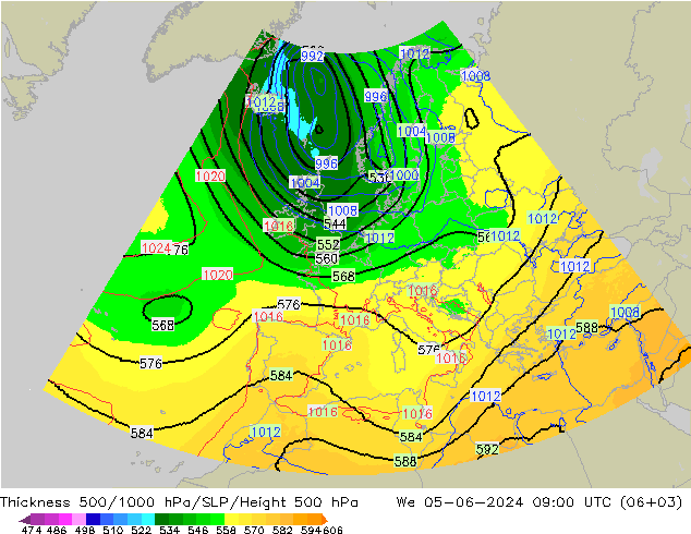 Dikte 500-1000hPa UK-Global wo 05.06.2024 09 UTC