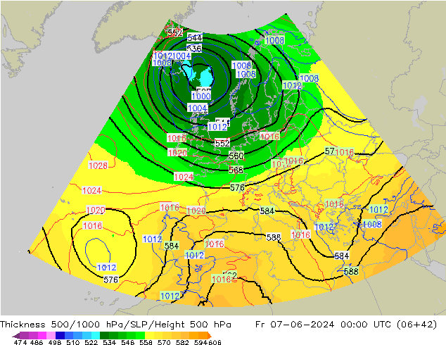Thck 500-1000hPa UK-Global Fr 07.06.2024 00 UTC