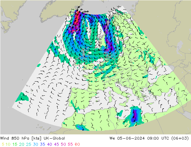 Wind 850 hPa UK-Global We 05.06.2024 09 UTC