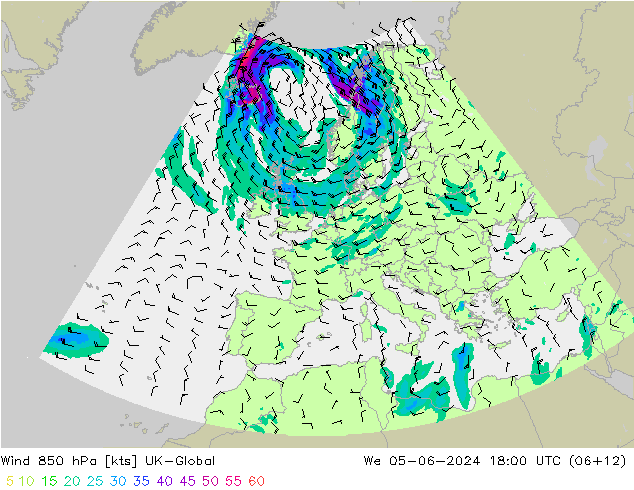 wiatr 850 hPa UK-Global śro. 05.06.2024 18 UTC