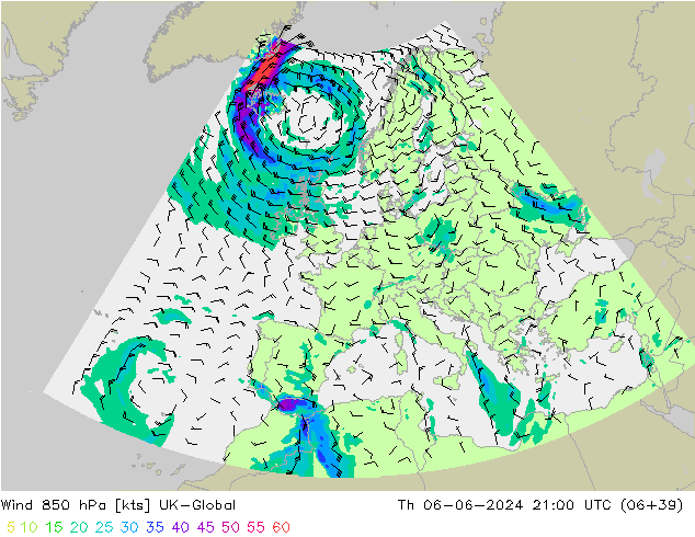 Wind 850 hPa UK-Global Th 06.06.2024 21 UTC