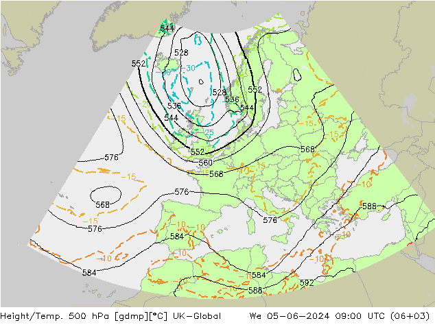 Height/Temp. 500 hPa UK-Global Mi 05.06.2024 09 UTC