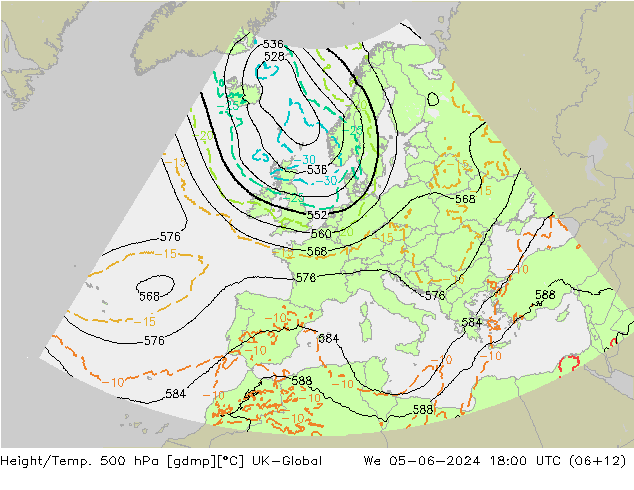 Height/Temp. 500 hPa UK-Global mer 05.06.2024 18 UTC