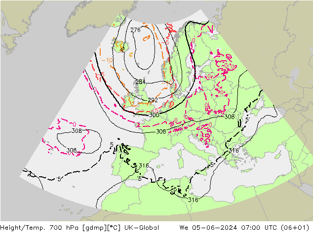 Height/Temp. 700 hPa UK-Global Mi 05.06.2024 07 UTC