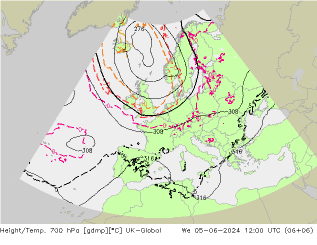 Height/Temp. 700 hPa UK-Global We 05.06.2024 12 UTC