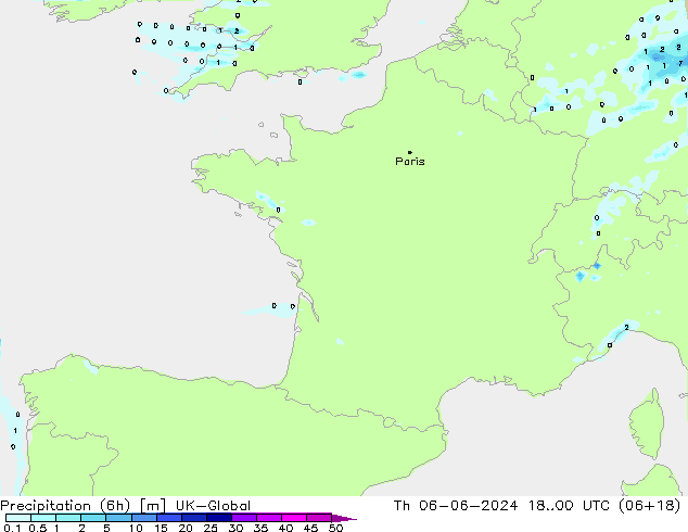 Precipitation (6h) UK-Global Th 06.06.2024 00 UTC