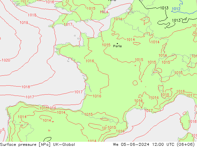 Pressione al suolo UK-Global mer 05.06.2024 12 UTC