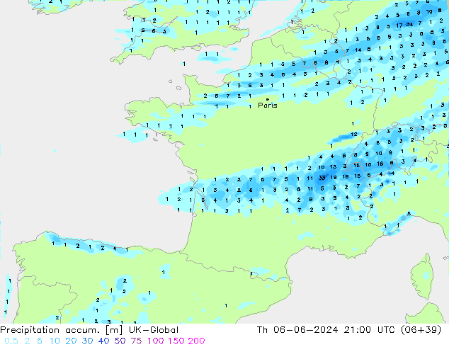 Précipitation accum. UK-Global jeu 06.06.2024 21 UTC