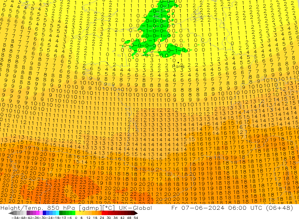 Yükseklik/Sıc. 850 hPa UK-Global Cu 07.06.2024 06 UTC