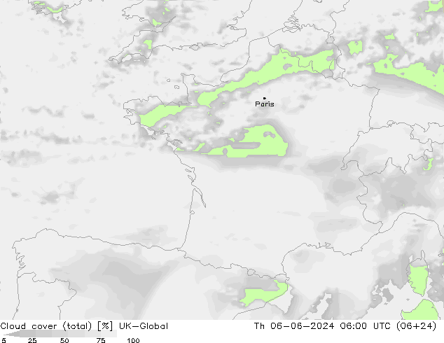 Cloud cover (total) UK-Global Th 06.06.2024 06 UTC