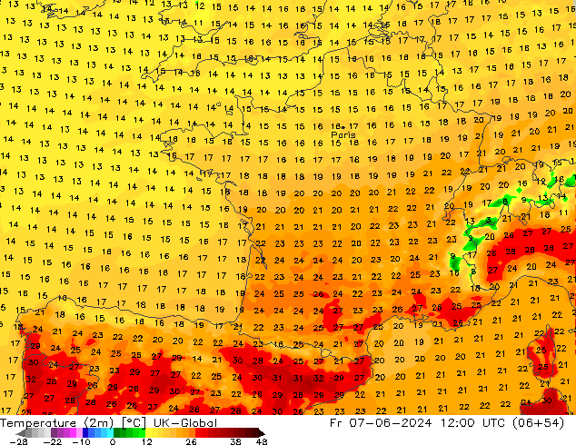 Temperaturkarte (2m) UK-Global Fr 07.06.2024 12 UTC