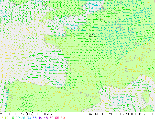 Viento 850 hPa UK-Global mié 05.06.2024 15 UTC