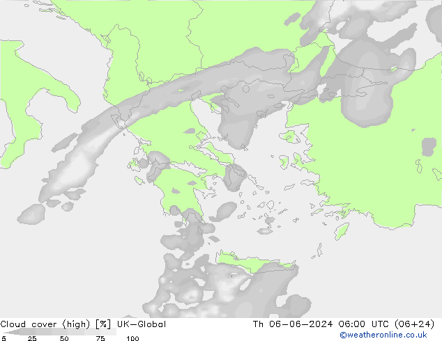 Cloud cover (high) UK-Global Th 06.06.2024 06 UTC