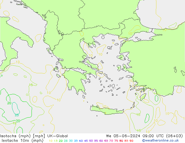 Isotachen (mph) UK-Global wo 05.06.2024 09 UTC