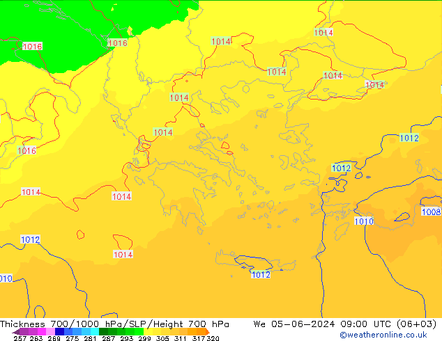 Dikte700-1000 hPa UK-Global wo 05.06.2024 09 UTC