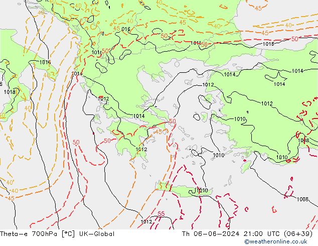 Theta-e 700гПа UK-Global чт 06.06.2024 21 UTC