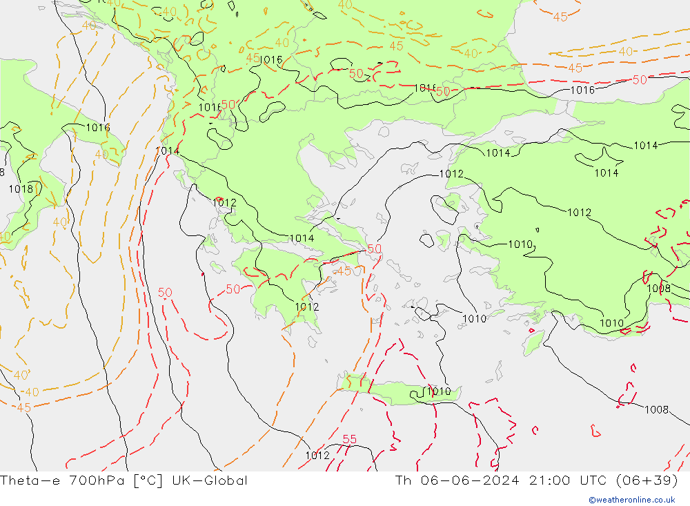 Theta-e 700гПа UK-Global чт 06.06.2024 21 UTC