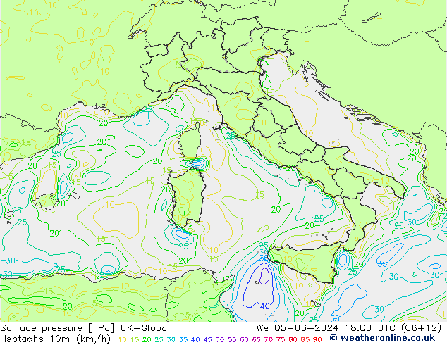 Isotachs (kph) UK-Global mer 05.06.2024 18 UTC