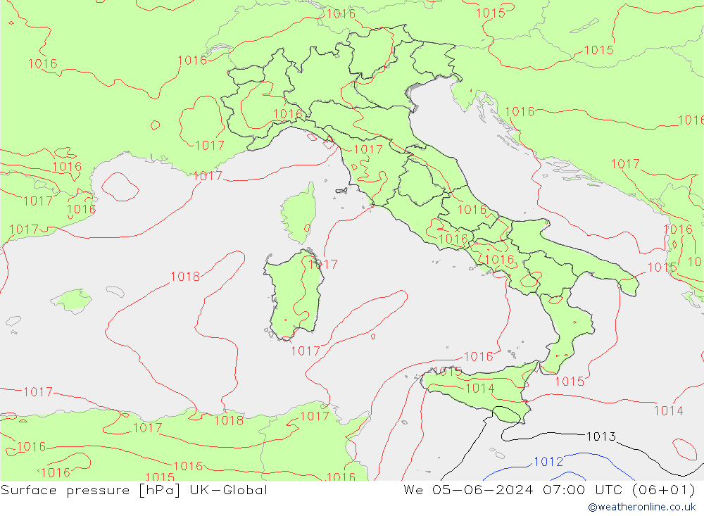 Pressione al suolo UK-Global mer 05.06.2024 07 UTC