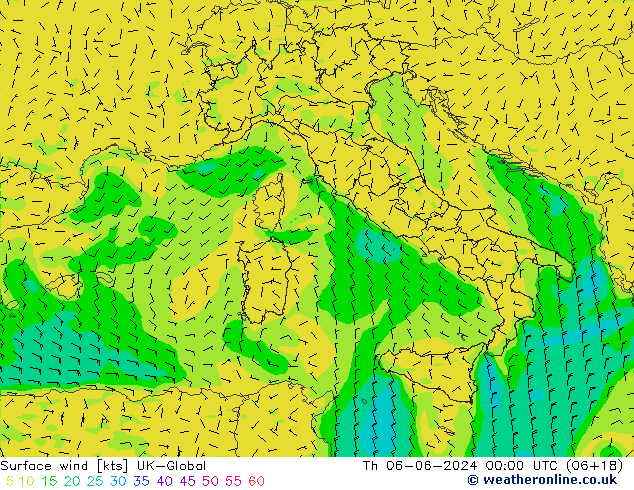 Surface wind UK-Global Čt 06.06.2024 00 UTC