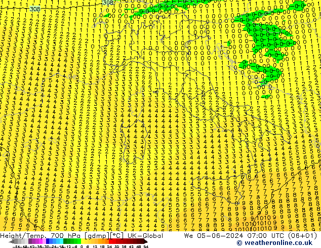 Hoogte/Temp. 700 hPa UK-Global wo 05.06.2024 07 UTC