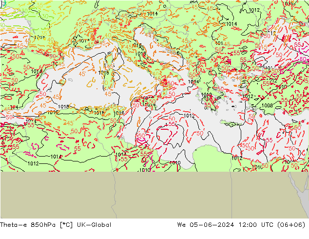 Theta-e 850hPa UK-Global wo 05.06.2024 12 UTC