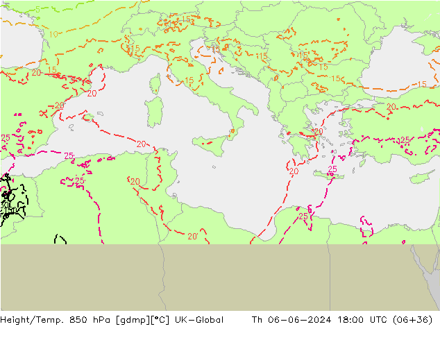 Height/Temp. 850 hPa UK-Global gio 06.06.2024 18 UTC